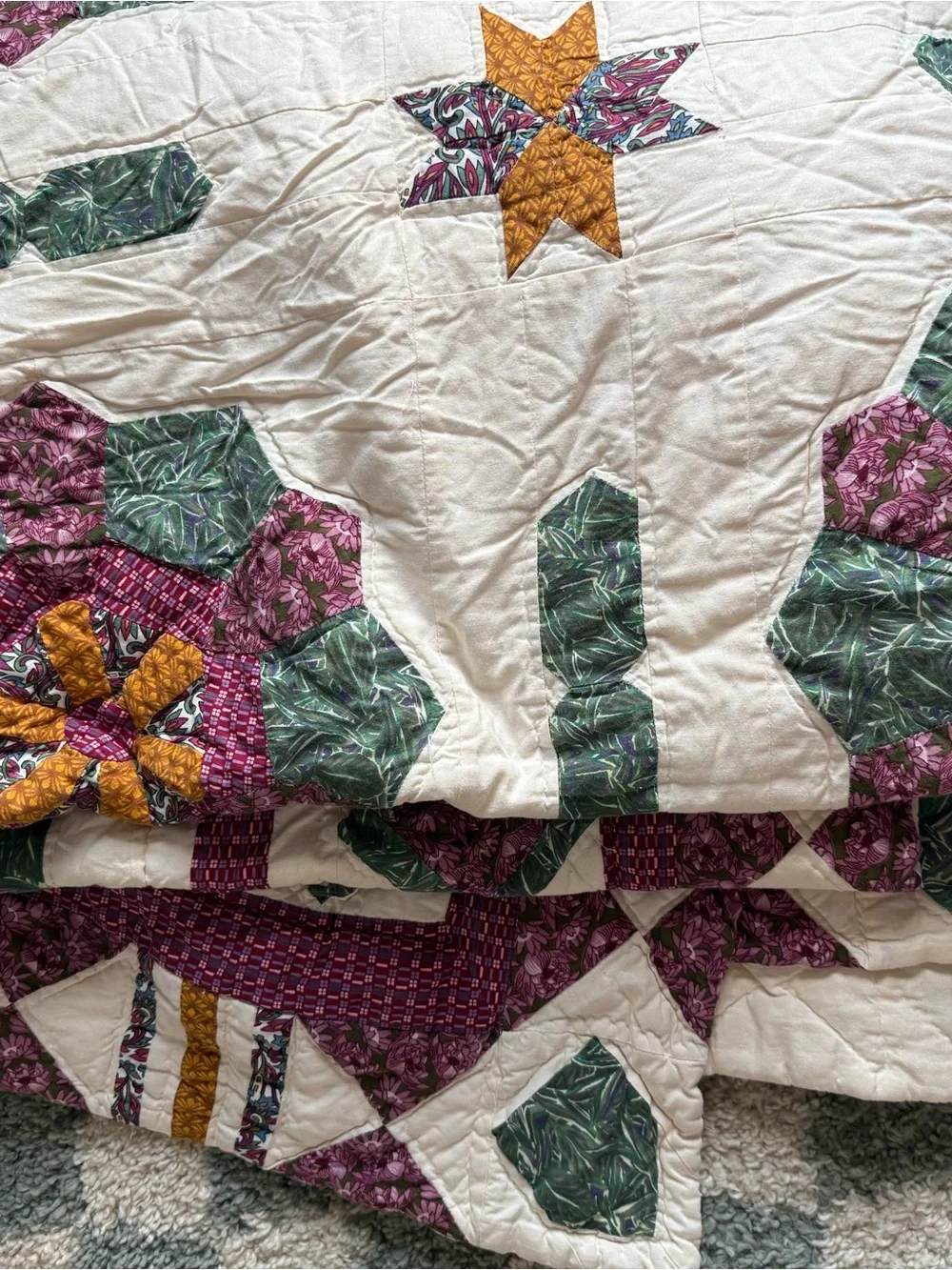 Vtg 90s Reproduction Quilt Patchwork Floral Medallion Queen Cotton Purple Green